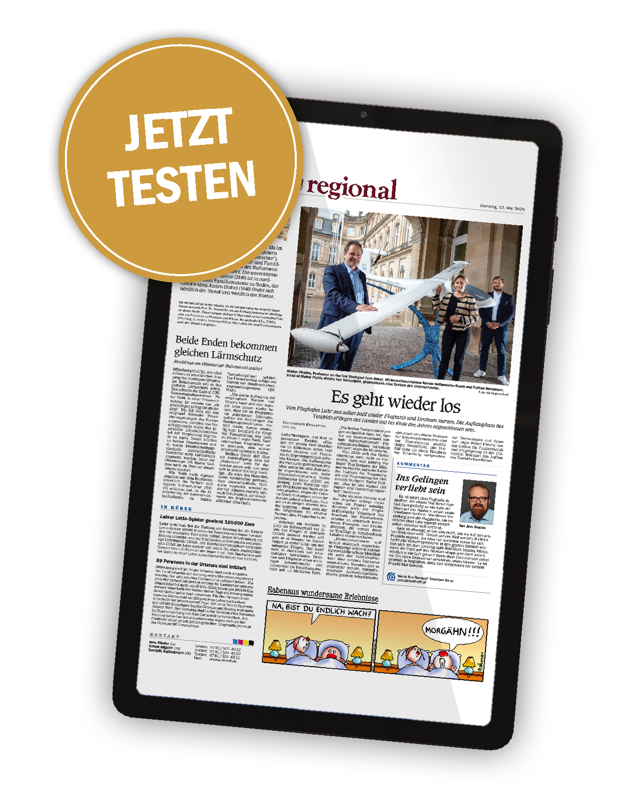 Tablet mit Zeitungsseite und dem Hinweis "Jetzt testen"