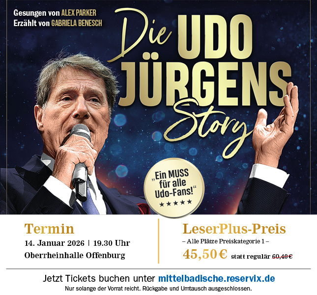 Udo Jürgens Story LeserPlus-Preis für 45,50 Euro. Tickets erhältlich unter mittelbadische.reservix.de
