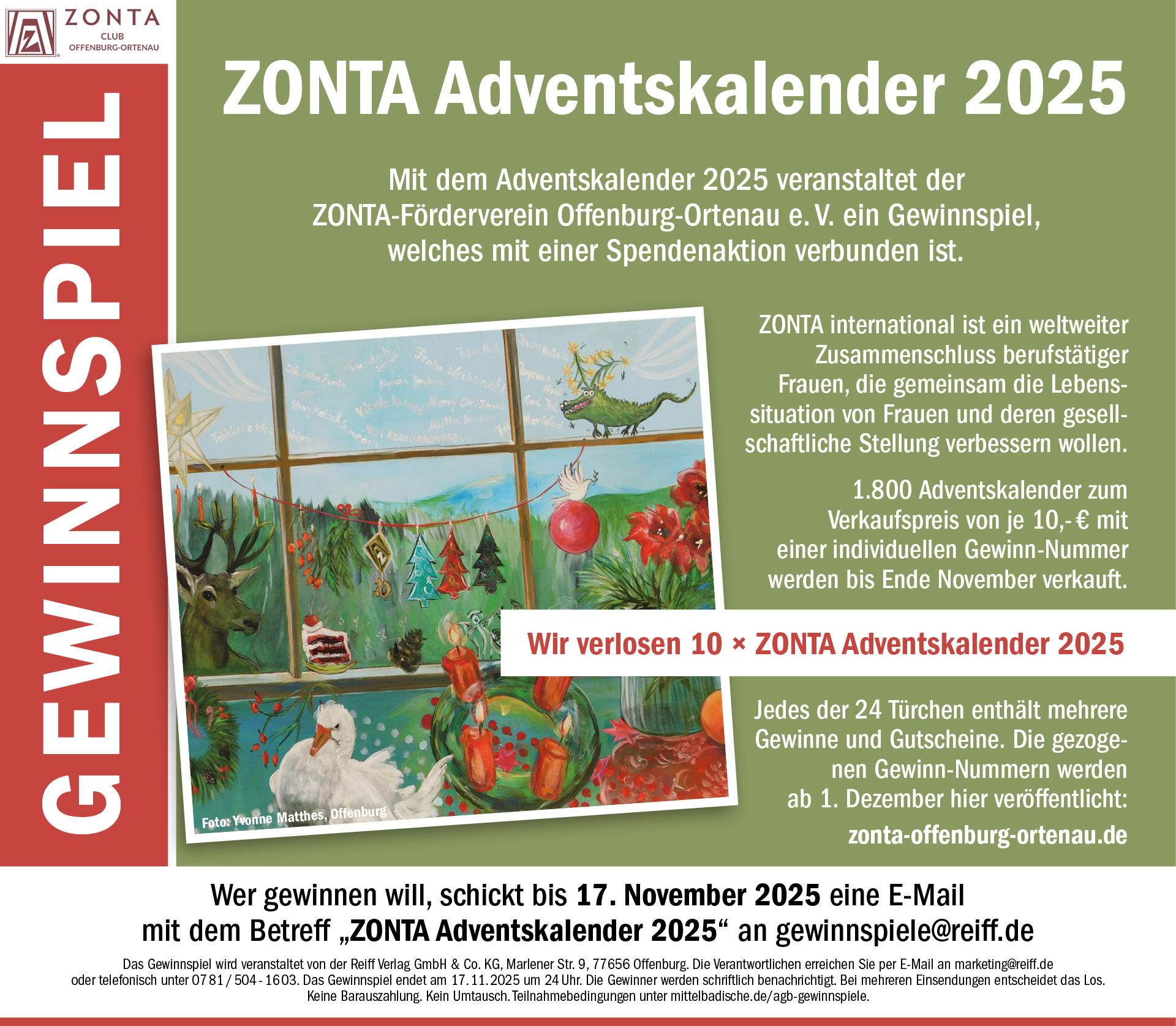 Gewinnspiel ZONTA Adventskalender Mitmachen unter gewinnspiele@reiff.de