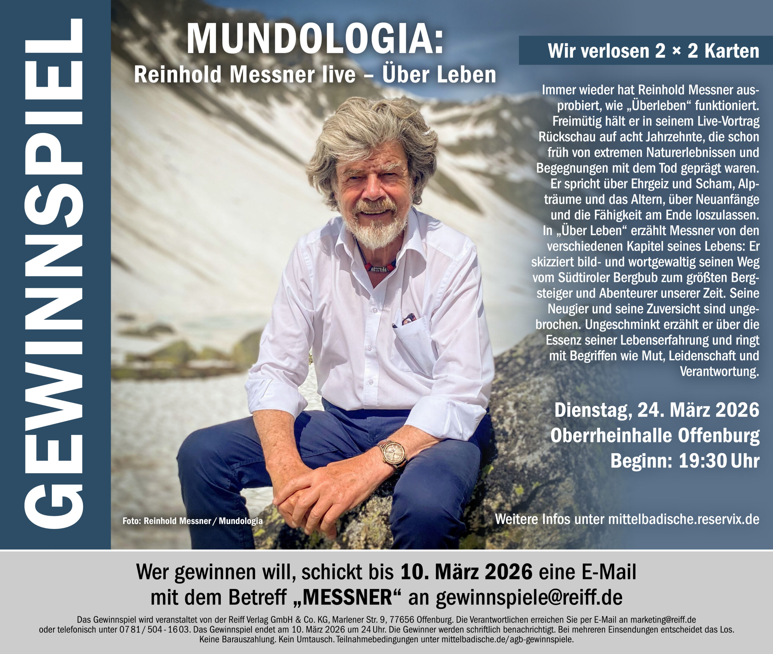 Gewinnspiel Mundologia: Reinhold Messner - Über Leben: Mitmachen unter gewinnspiele@reiff.de