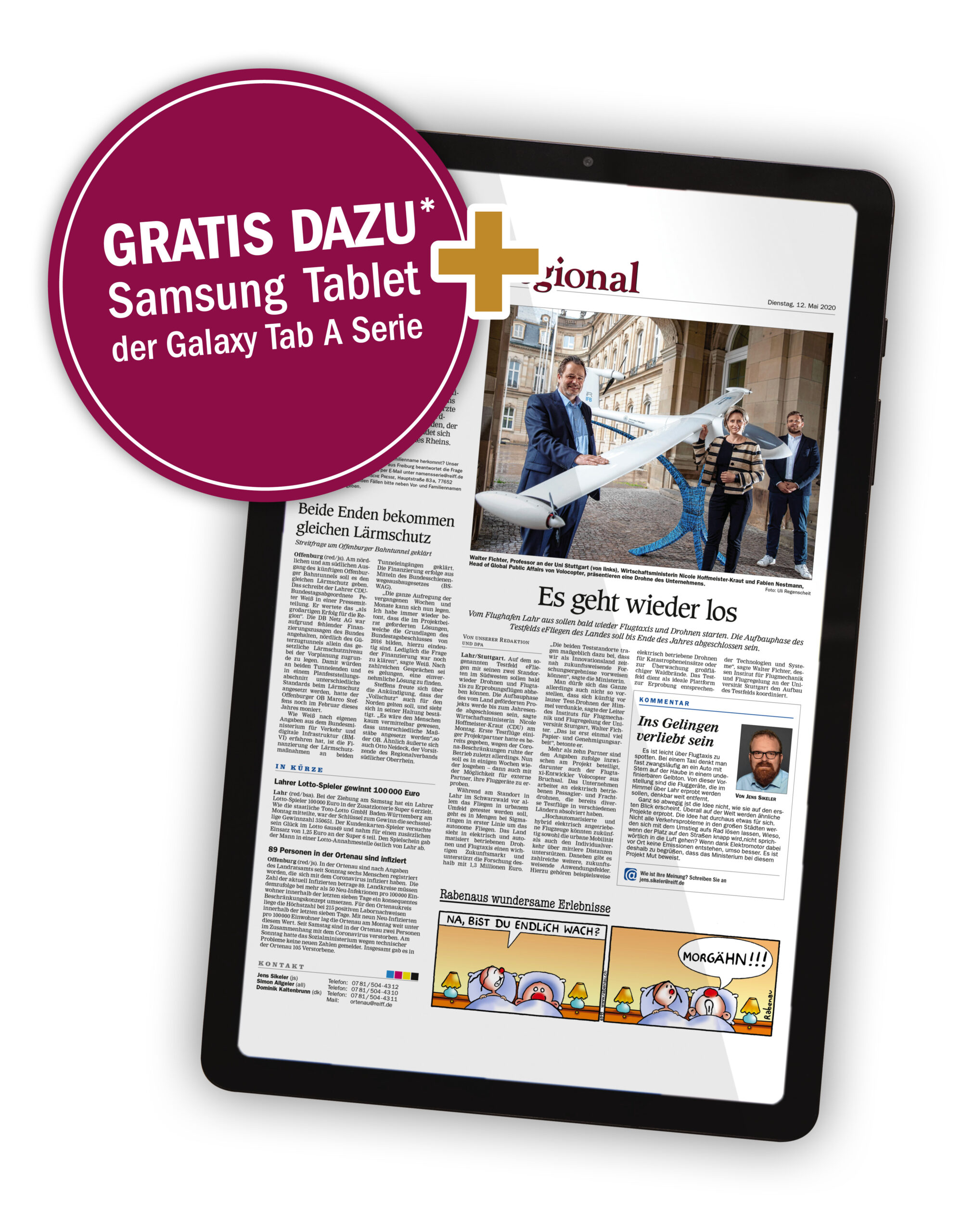 Tablet mit Zeitungsseite und dem Hinweis "Gratis Tablet dazu"